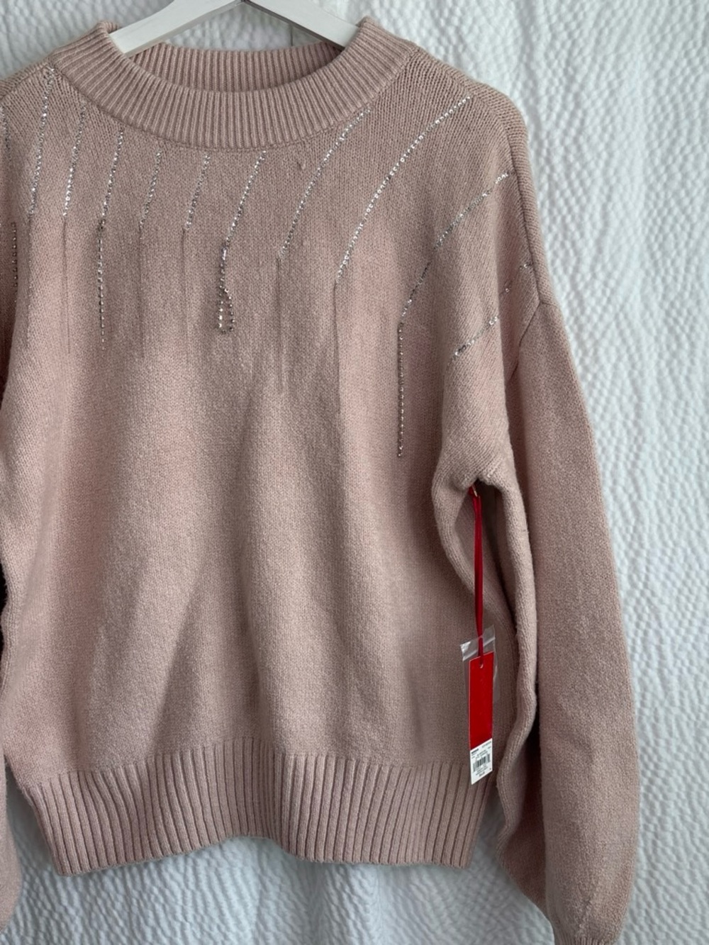 Jennifer Lopez Blush Pink Crewneck Sweater with Rhinestone Accents